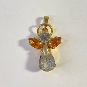 Vintage Glass Stone Angel Pendant Gold Tone
